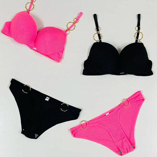 Metal Ring Push-Up Bra Set