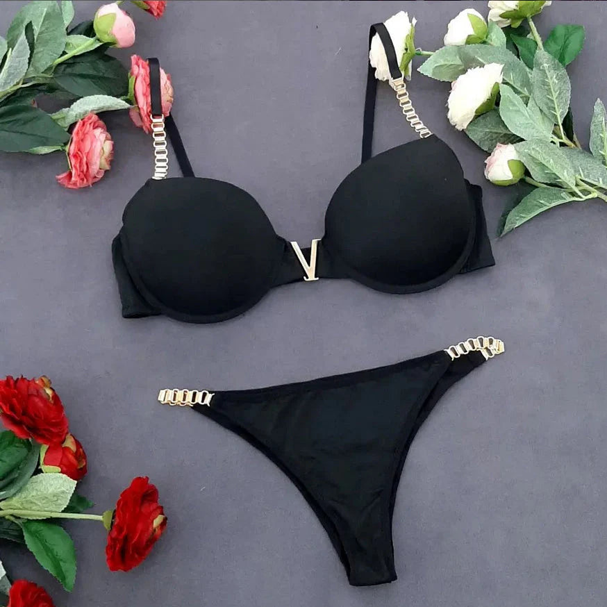 Chain Strap V Set Bra And Panty Set