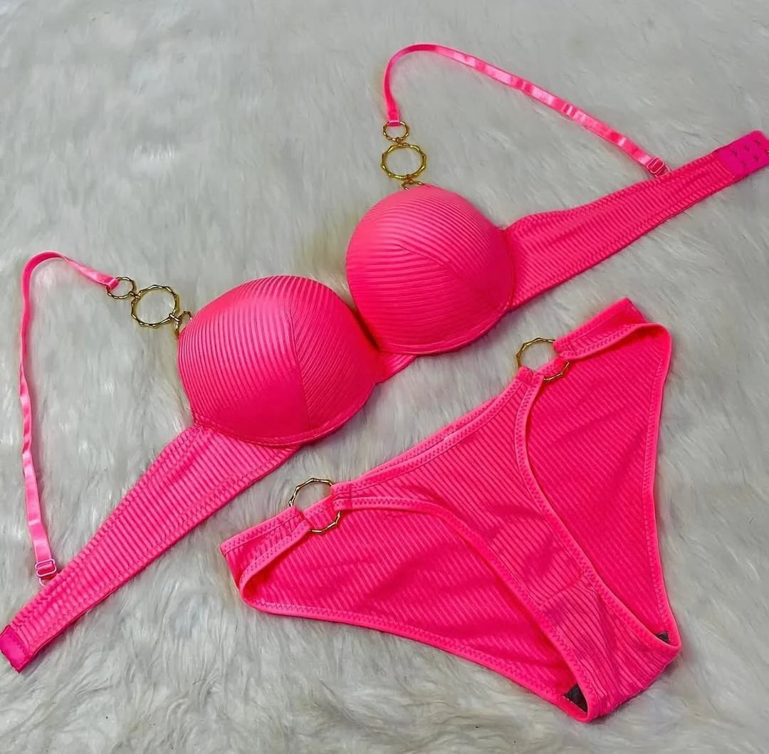 Metal Ring Push-Up Bra Set