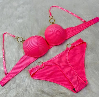 Metal Ring Push-Up Bra Set