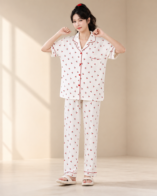 Cherry Print Comfort Shirt Trouser Set