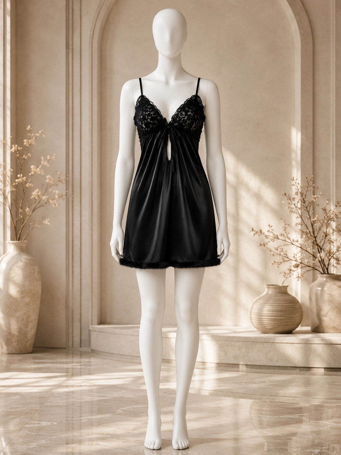 Noir Whisper™ Satin Lace Babydoll Nightdress