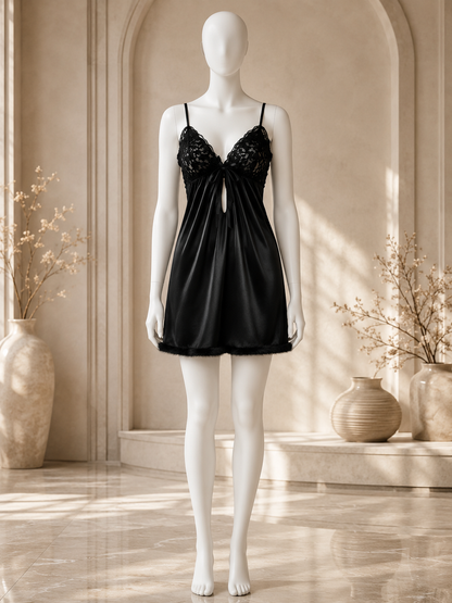 Noir Whisper™ Satin Lace Babydoll Nightdress