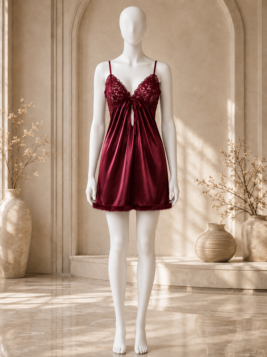 Noir Whisper™ Satin Lace Babydoll Nightdress