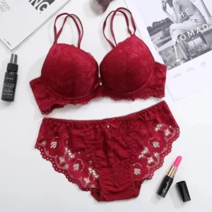 Flourish Elegant Lace Bra & Panty Set – Push Up & Double Padded Comfort with Floral Detailing
