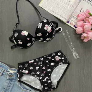 High Quality Front Open 4 In 1 Push-up Hello Kitty Print Adjustable Straps Bra Panty Set