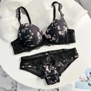 Undergarments Floral Lace Bra & Panty Set – Padded Push-Up Design with Elegant Embroidery