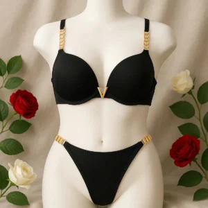 High Quality New Style Chain Straps Front Metal V buckel Bra & Panty Set